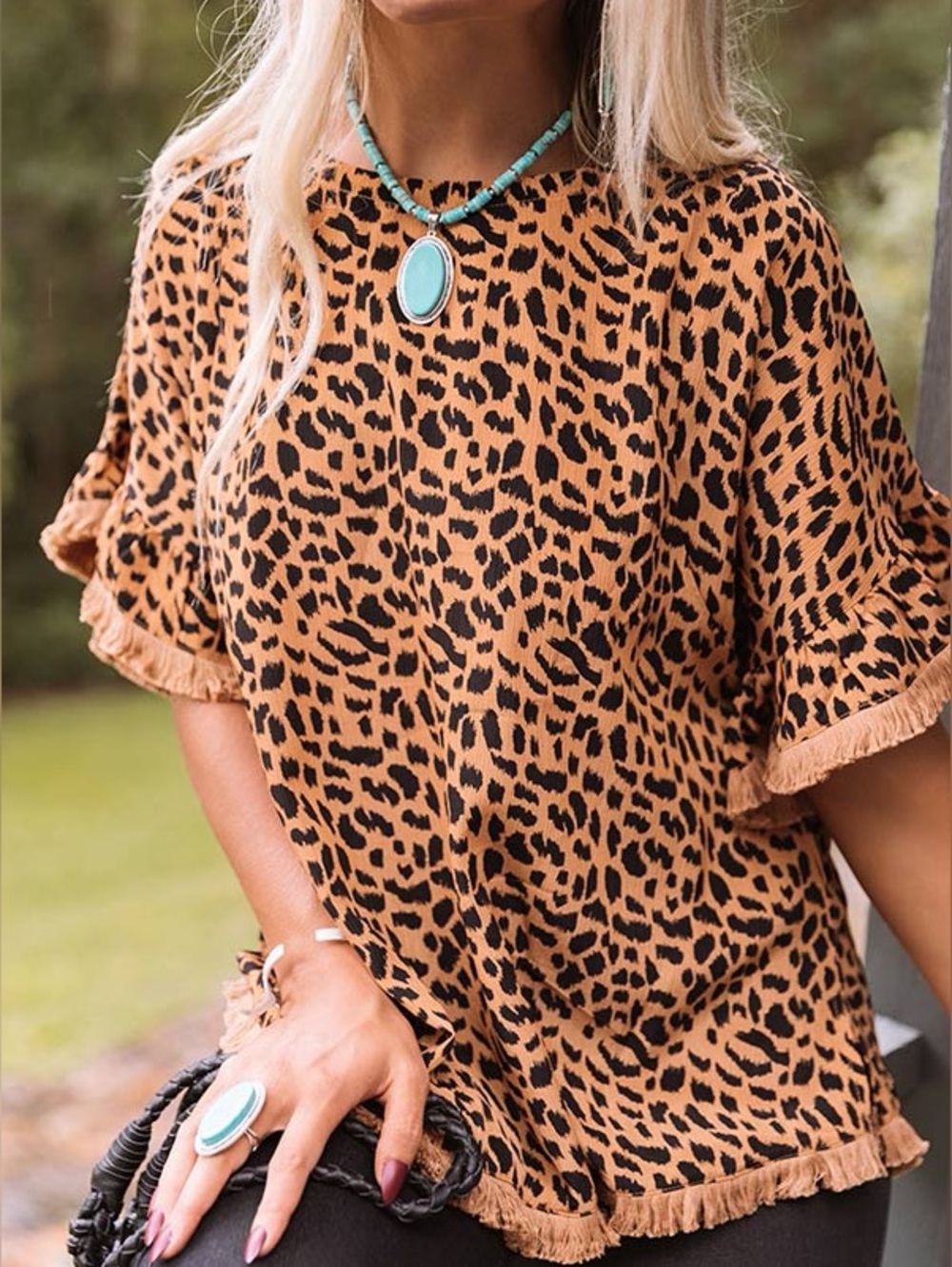 Umgee USA Leopard Print Fringe Bell Sleeve Top Size L Boho Western